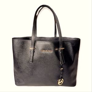 Michael Kors Jet Set Travel Large Seffano Leather Black Tote.